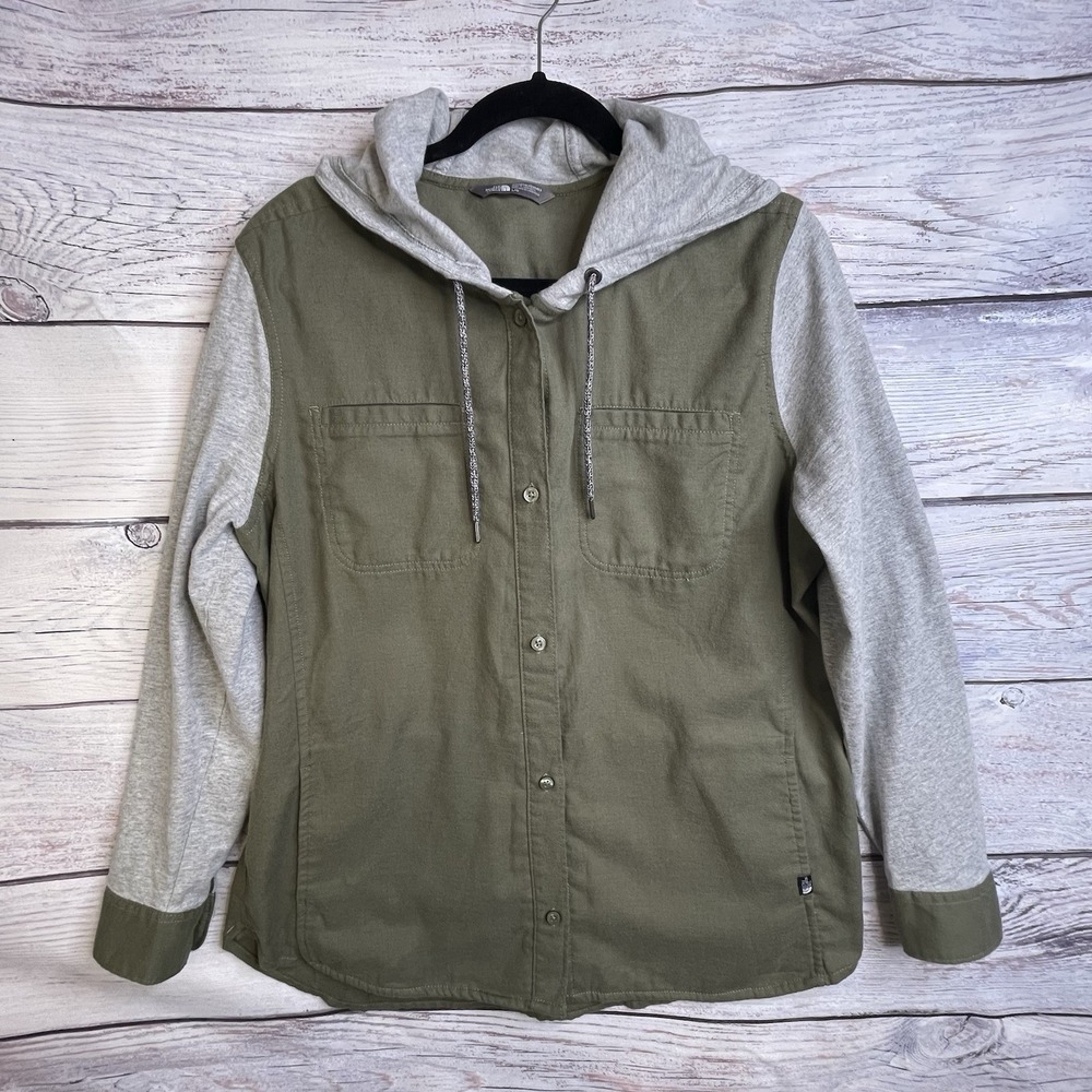 North Face Green Gray Jacket Large Button Up Women's Hood Outdoor